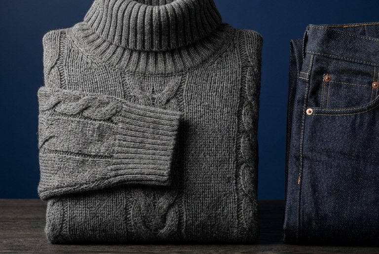 Pull col roulé en laine plié à côté d'un jean, photographiés sur fond bleu nuit
