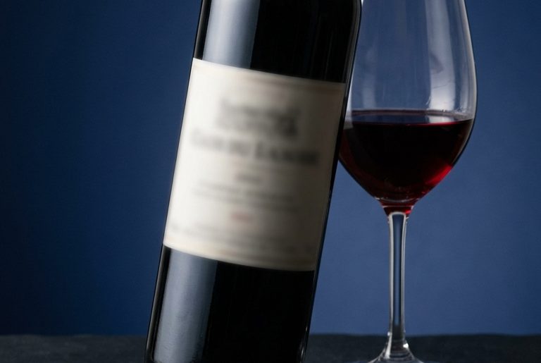 Bouteille de vin et verre à vin sur fond bleu nuit